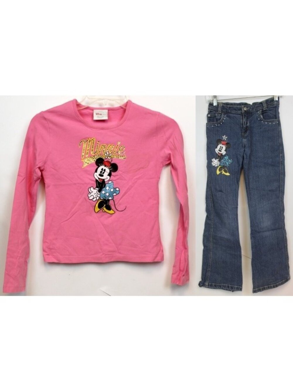 2pc Disney Minnie Mouse Outfit girls sz 12 Pink Shirt Denim Jeans Rhinestones